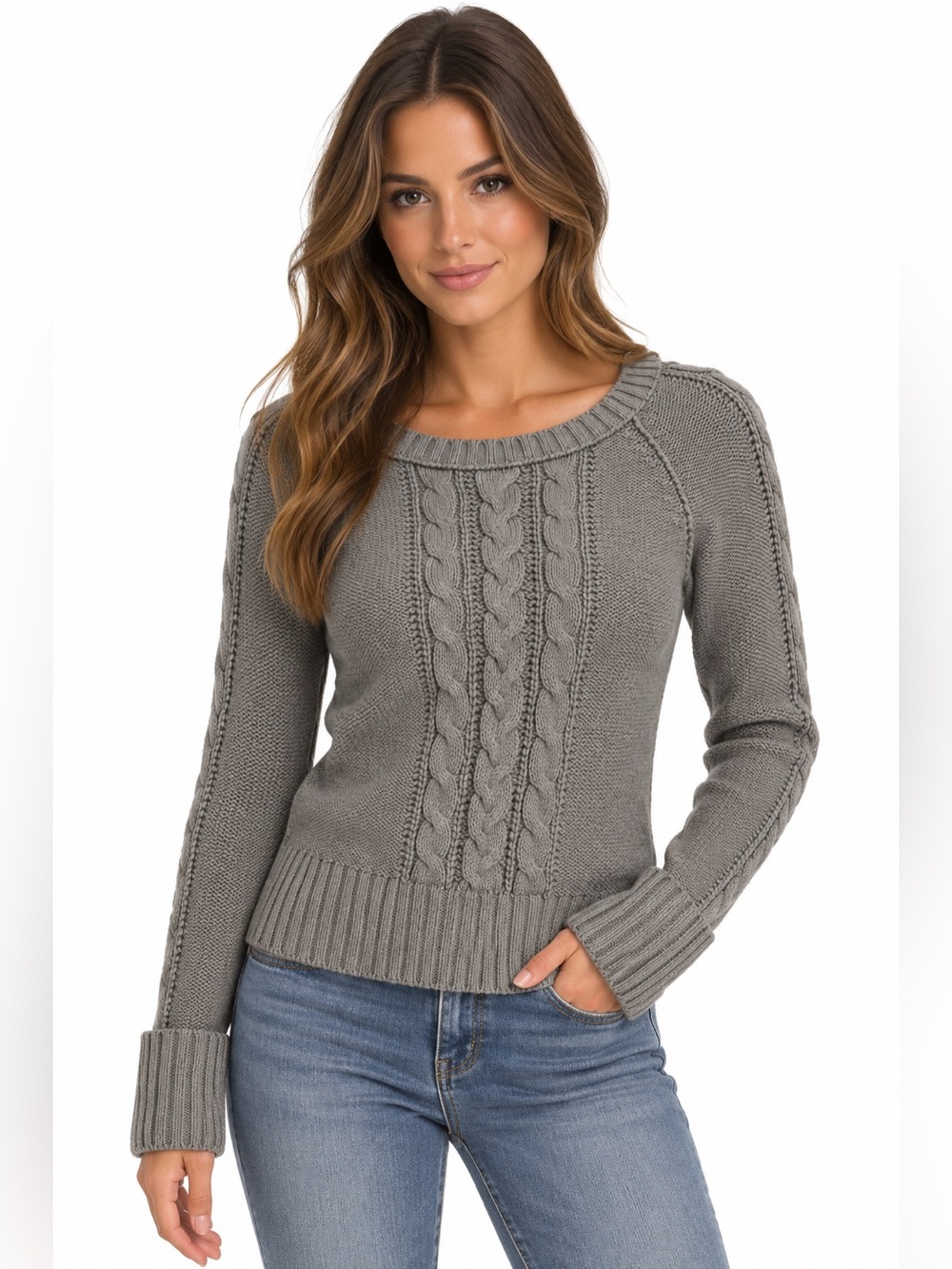 Vintage American Eagle Outfitters Gray Cable-Knit Scoop Crew Sweater
